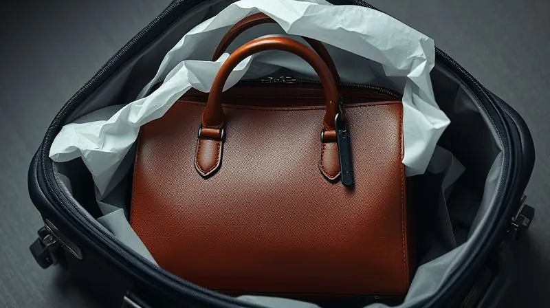 A photorealistic, professional photography, 8K, cinematic lighting, sharp focus, depth of field, shot on a high-end DSLR, a luxury leather handbag meticulously stuffed with acid-free tissue paper inside a soft dust bag, placed carefully within a suitcase, emphasizing protection and preservation.