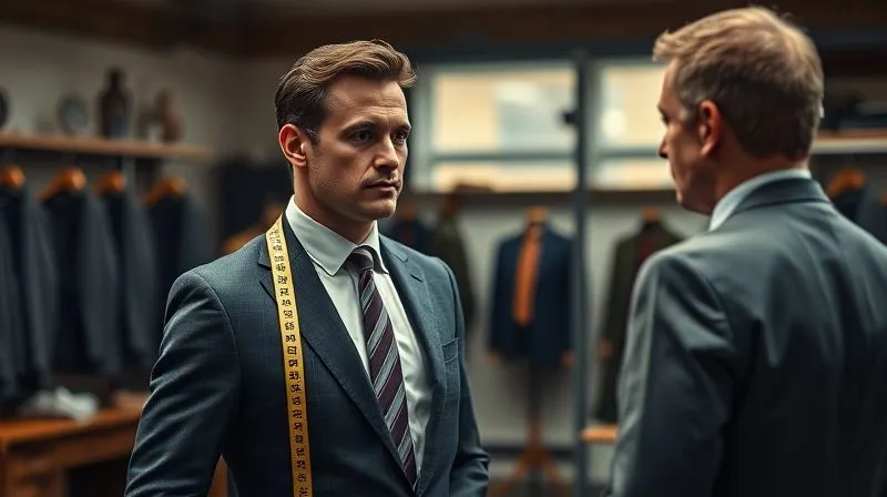A photorealistic, professional photography, 8K, cinematic lighting, sharp focus, depth of field, shot on a high-end DSLR, of a well-dressed male client in a bespoke tailor's studio, standing naturally as the tailor observes his posture and body lines, with a tape measure draped over his shoulder, conveying a serious and collaborative atmosphere.