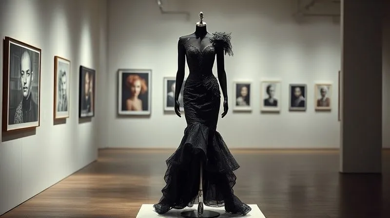 A photorealistic professional photography shot of a dramatic haute couture dress, possibly by Alexander McQueen or Iris van Herpen, meticulously displayed on a custom-designed, invisible mannequin in a contemporary art gallery. The lighting is theatrical, casting subtle shadows that emphasize the garment's three-dimensional form and intricate details. Sharp focus, depth of field blurring the gallery background. 8K, shot on a high-end DSLR.
