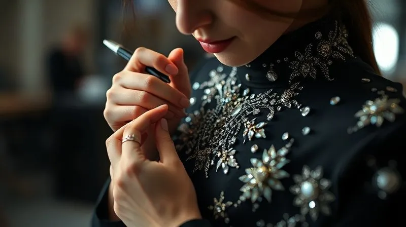 A photorealistic, professional photography, 8K, cinematic lighting, sharp focus, depth of field, shot on a high-end DSLR, of a skilled artisan's hands meticulously applying intricate, futuristic embellishments to an avant-garde haute couture garment. The focus is on the delicate details of the embellishment, with a soft, warm glow highlighting the artisan's focused expression.