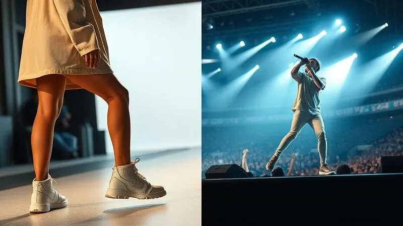 A split image showing a high-fashion runway model wearing unique sneakers on one side and a popular music artist performing in a stadium wearing similar style sneakers on the other, photorealistic, professional photography, 8K, cinematic lighting, sharp focus, depth of field, shot on a high-end DSLR.