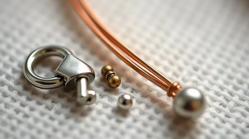A close-up, photorealistic professional photography shot of various small metal components used in jewelry making – a shiny nickel-plated clasp, a duller copper wire, and a small, bright silver-colored bead, all arranged on a soft, textured fabric. Cinematic lighting highlights the different metallic textures, with sharp focus on the nickel component. 8K hyper-detailed, depth of field blurring the background.