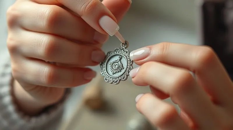 A close-up, photorealistic professional photography shot of a woman's hands carefully applying clear nail polish to the back of a delicate silver-toned costume pendant. The focus is on the intricate details of the jewelry and the precise application, with gentle, cinematic lighting. 8K hyper-detailed, depth of field blurring the background to show a jewelry box.