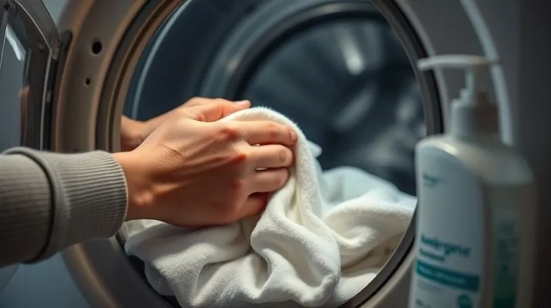 A photorealistic image of a person's hands carefully placing a delicate antimicrobial garment into a washing machine, with a bottle of gentle, 'hypoallergenic' detergent visible nearby. Soft, diffused lighting, 8K, cinematic lighting, sharp focus on the hands and garment, depth of field, shot on a high-end DSLR.
