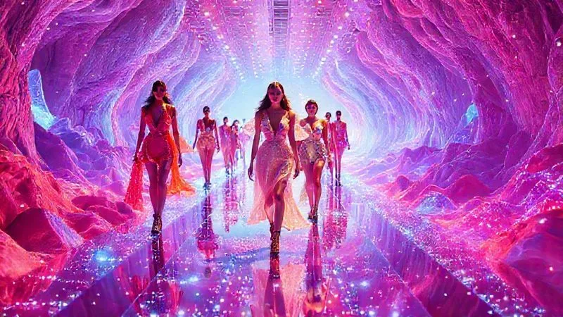 A photorealistic image depicting a vibrant, futuristic virtual fashion show. The runway is a shimmering, ethereal path through a fantastical digital landscape, with models wearing avant-garde designs. Subtle holographic elements float around them, enhancing the storytelling aspect. Cinematic lighting, 8K, sharp focus, depth of field, shot on a high-end DSLR, conveying a sense of immersive narrative and wonder.