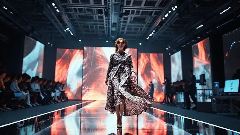 A photorealistic, highly dynamic virtual fashion show scene. The image features multiple split screens or layered visual elements showing different camera angles simultaneously: a wide shot of a futuristic runway, a close-up on a garment's intricate detail, a model in motion from a low angle, and a 'behind-the-scenes' glimpse of a designer in a high-tech studio. Cinematic lighting, 8K, sharp focus on all elements, depth of field creating visual separation, shot on a high-end DSLR, emphasizing visual variety and dynamic pacing.