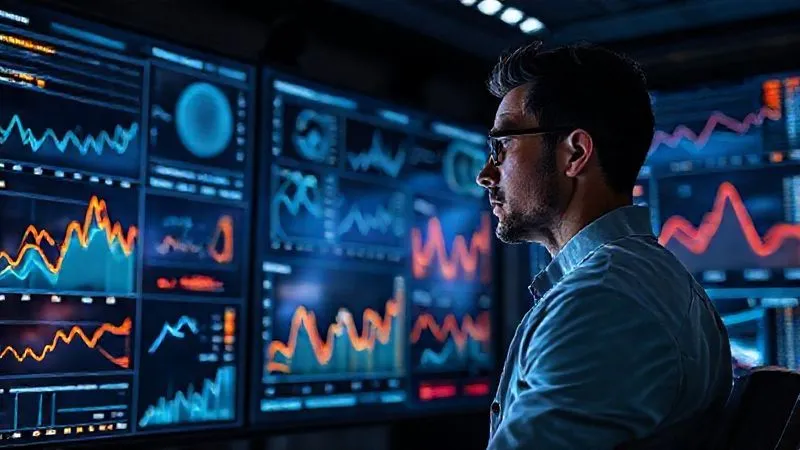 A photorealistic, professional photography, 8K, cinematic lighting, sharp focus, depth of field, shot on a high-end DSLR. A sleek, modern data analytics dashboard displayed on multiple transparent screens in a futuristic control room. The screens show various graphs and charts depicting virtual show metrics like audience engagement curves, drop-off points, and interaction rates, with glowing lines and numbers. A fashion tech specialist is intently observing the data, with a focused expression, conveying the importance of data-driven optimization.