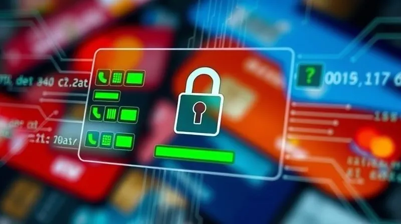 A photorealistic image of a secure digital checkout interface with green security indicators, a padlock icon, and a blurred background of credit cards. Abstract lines of code flow around the interface, representing data verification. Cinematic lighting, sharp focus on the interface, 8K, professional photography.
