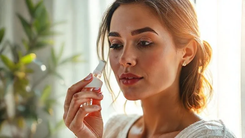 photorealistic, professional photography, 8K, cinematic lighting, sharp focus, depth of field, shot on a high-end DSLR, a woman gently applying a lightweight serum to her face, soft morning light streaming through a window, a reflection of lush green foliage in the background, conveying freshness and preparation.