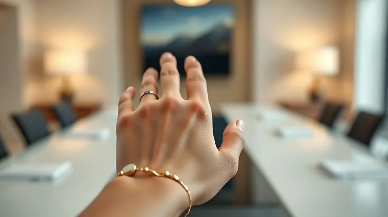 A photorealistic close-up of an elegant hand wearing a minimalist smart ring on one finger and a delicate, fine bracelet on the wrist, against a blurred background of a high-end boardroom setting. The focus is on the subtle integration of tech with classic luxury jewelry, showcasing an Oura-like ring, 8K, cinematic lighting, sharp focus on the jewelry, depth of field blurring the background.
