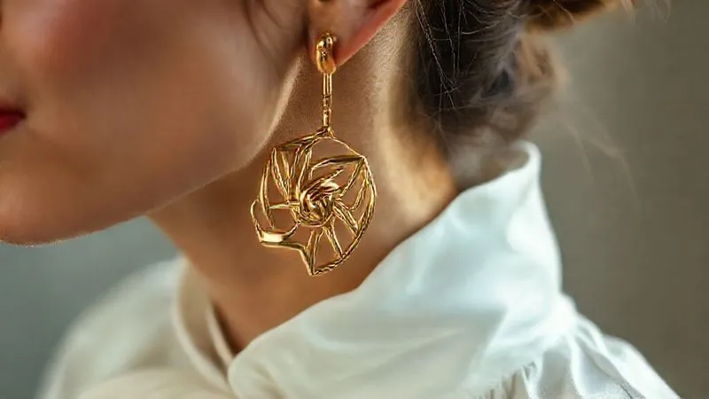 A close-up, photorealistic shot of a modern, sculptural gold earring paired with a classic white silk blouse, sharp focus on the earring, depth of field blurring the blouse subtly, cinematic lighting highlighting the texture, 8K hyper-detailed, shot on a high-end DSLR.