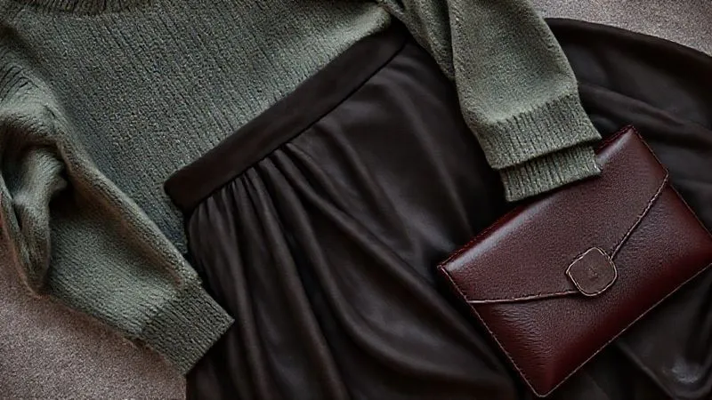 A photorealistic flat lay showcasing a sophisticated mix of textures: a soft cashmere sweater in a muted sage green, a silk slip skirt in deep charcoal, and a structured leather clutch in a rich burgundy, all artfully arranged with cinematic lighting and sharp focus, 8K hyper-detailed, shot on a high-end DSLR.