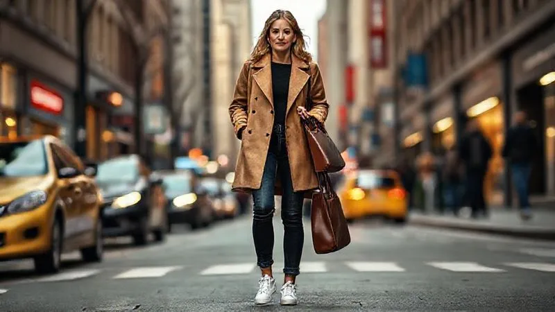 A photorealistic image of a woman, mid-30s, impeccably dressed in a high-low outfit: a luxurious, tailored camel coat paired with dark wash, perfectly fitting designer jeans and minimalist white leather sneakers. She carries a structured leather tote bag. Shot on a bustling city street, cinematic lighting, sharp focus on her, depth of field creating a soft blur, 8K hyper-detailed, shot on a high-end DSLR.