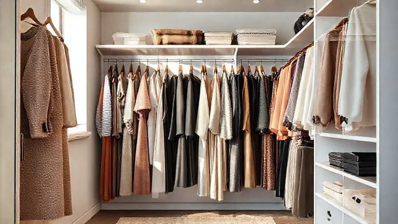 A photorealistic, impeccably organized walk-in closet, bathed in soft, natural light, showcasing a carefully curated collection of high-quality, versatile elegant womenswear. Garments are color-coordinated and neatly hung, with a few key modern accessories visible on shelves. Sharp focus, depth of field, 8K hyper-detailed, shot on a high-end DSLR.