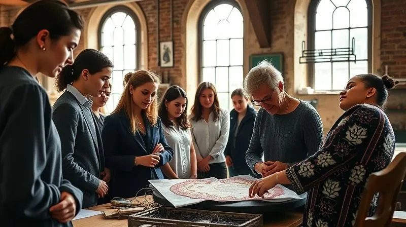 A photorealistic, professional photography, 8K, cinematic lighting, sharp focus, depth of field, shot on a high-end DSLR, a diverse group of young, enthusiastic fashion students intently observing a master artisan demonstrating intricate haute couture embroidery techniques in a well-lit, historic atelier workshop, light streaming through large windows, creating a warm, educational atmosphere.