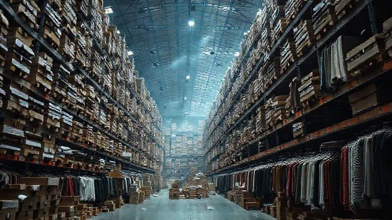 Photorealistic, professional photography, 8K, cinematic lighting, sharp focus, depth of field, shot on a high-end DSLR. A vast, dimly lit fashion warehouse filled to the ceiling with tightly packed boxes and clothing racks, conveying a sense of overwhelming excess and waste. Dust motes visible in the cinematic light beams.