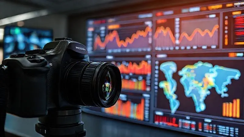 Photorealistic, professional photography, 8K, cinematic lighting, sharp focus, depth of field, shot on a high-end DSLR. A sleek, modern digital dashboard displaying real-time AI demand forecasting metrics: line graphs showing predicted vs. actual sales, bar charts for inventory levels, and a heatmap indicating regional demand, all with vibrant, clear data visualizations on multiple screens.