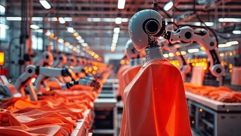 Photorealistic, professional photography, 8K, cinematic lighting, sharp focus, depth of field, shot on a high-end DSLR. A futuristic, clean fashion manufacturing facility, with robotic arms precisely handling fabric and garments, controlled by glowing holographic interfaces displaying real-time data. A sense of innovation, efficiency, and sustainability.