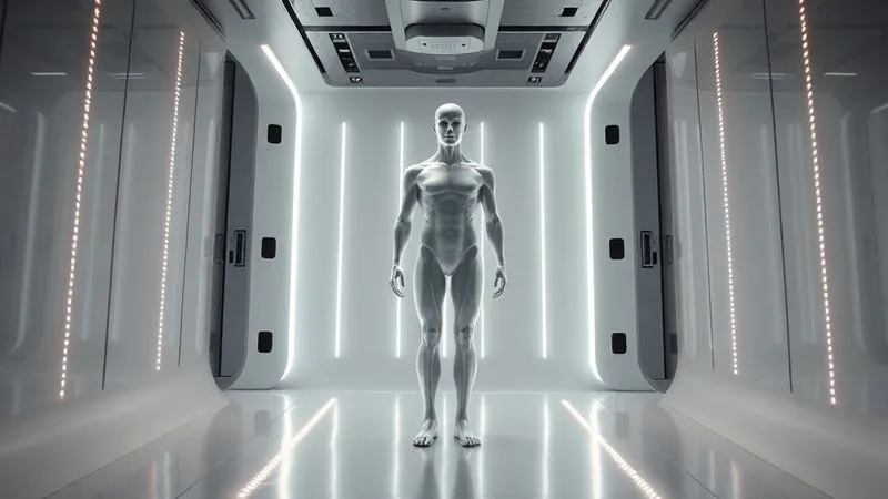 A photorealistic image of a person standing perfectly still inside a futuristic 3D body scanner, surrounded by soft, glowing laser lines, capturing intricate body measurements. The environment is clean and high-tech, with sharp focus on the scanning process, cinematic lighting, 8K, depth of field, shot on a high-end DSLR.
