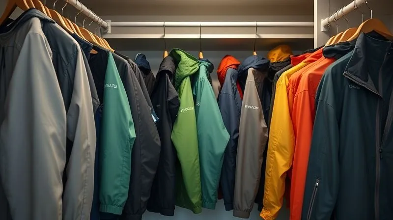 A photorealistic, neatly organized closet with high-performance outdoor jackets and gear hanging on wide hangers, well-spaced, with soft, natural light, 8K, sharp focus.