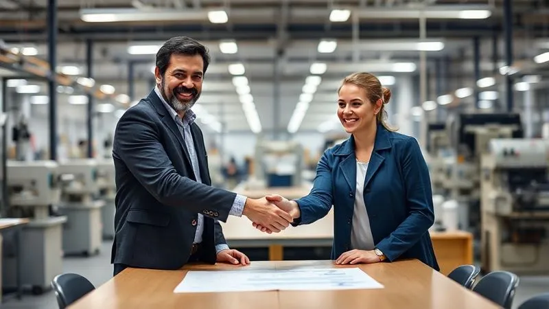 Two diverse business professionals, one a fashion brand owner and the other a factory manager, shaking hands warmly across a table in a modern, well-lit factory setting, a blueprint or textile sample between them. Photorealistic, professional photography, 8K, cinematic lighting, sharp focus on their hands and expressions, depth of field blurring the background machinery, shot on a high-end DSLR.