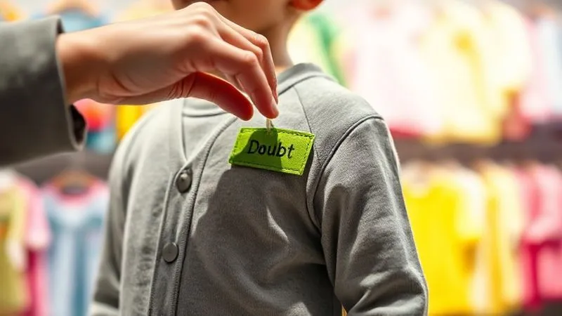 A subtle, almost invisible hand manipulating a green leaf label on a child's garment, casting a shadow of doubt. The background is a blurred, brightly colored kids' clothing display. Photorealistic, professional photography, 8K, cinematic lighting, sharp focus on the hand and label, depth of field blurring the background, shot on a high-end DSLR.