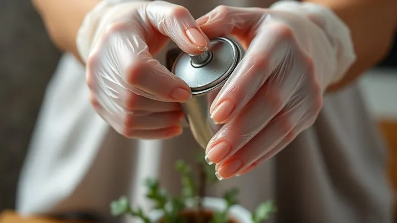 Close-up, photorealistic professional photography, 8K, cinematic lighting, sharp focus, depth of field, shot on a high-end DSLR, showing a pair of hands wearing elegant, translucent rubber gloves, gently holding a delicate watering can over a small potted plant. The focus is on the protected hands and the intricate gel nail art visible beneath the gloves, symbolizing protection and daily care for nail longevity.