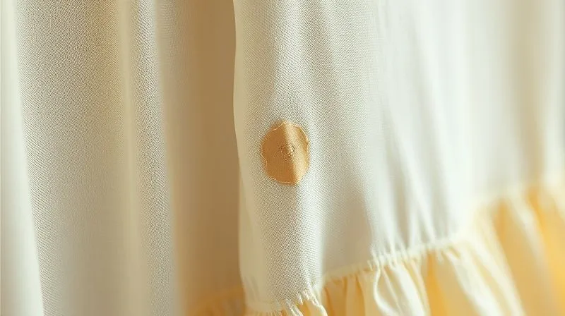 A close-up, photorealistic image of a vintage silk dress with a small, subtly discolored patch and a tiny hole, indicating early signs of light damage and a moth's work. The fabric is slightly faded in one area, with a delicate, almost invisible thread pulled. Cinematic lighting, sharp focus on the damaged area, depth of field blurring the rest of the dress. Professional photography, 8K, shot on a high-end DSLR.
