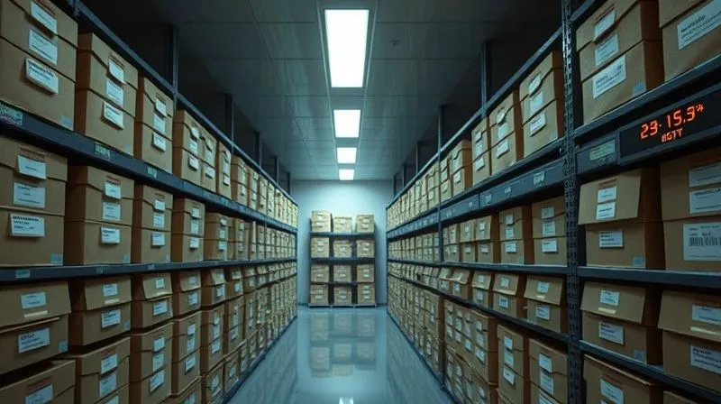 A photorealistic, professional photography image of a climate-controlled storage room. Rows of archival, acid-free boxes are neatly stacked on shelving units. The room is dimly lit, cool, and impeccably clean, with a digital hygrometer visible on a shelf showing ideal temperature and humidity readings. A subtle, cool light filters in from a controlled source. Sharp focus, depth of field. 8K hyper-detailed, shot on a high-end DSLR.