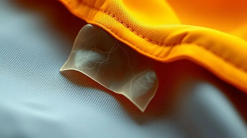 A highly magnified, photorealistic image of a waterproof breathable textile's cross-section, revealing a delaminated membrane peeling away from the face fabric, with visible micro-cracks. Cinematic lighting, sharp focus on the failure point, depth of field blurring the intact layers. 8K detail, professional microscopy photography style.