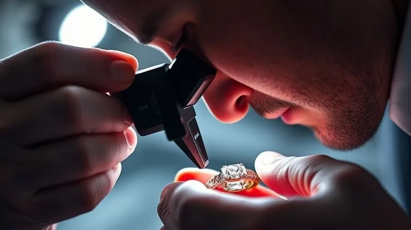 A professional photograph of a jeweler's hands meticulously inspecting a fine jewelry piece under a bright light, using a loupe, showcasing intricate detail and attention, photorealistic, 8K, sharp focus.