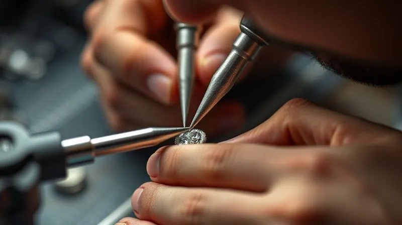 A photorealistic image of a skilled jeweler using specialized tools to re-secure a tiny diamond in a micro-pavé setting, workbench visible, focus on precision and expertise, 8K, cinematic lighting.