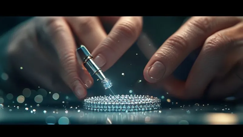 A photorealistic, professional photography, 8K, cinematic lighting, sharp focus on a jeweler's hands, delicately setting tiny diamonds into a micro-pavé ring using specialized tools under a microscope, with the intricate metalwork clearly visible, conveying expertise and meticulous craftsmanship.