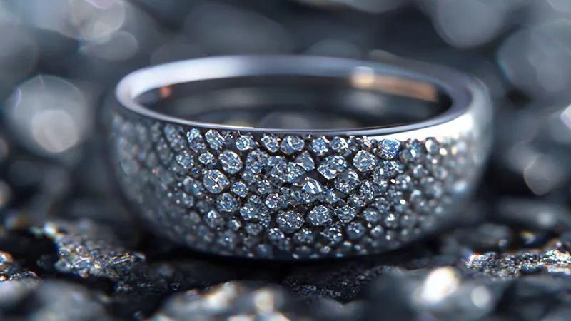 A photorealistic, professional photography, 8K, cinematic lighting, extreme macro close-up of a micro-pavé diamond setting on a ring, clearly showing a visible flaw such as an uneven diamond, a bent prong, or a small gap, highlighting the imperfections with sharp focus.