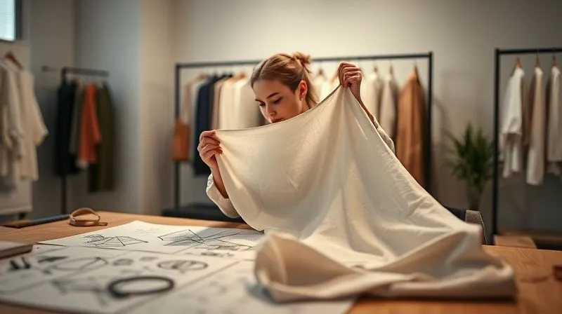A photorealistic, artistic rendering of a garment design studio. A designer is meticulously examining a fabric swatch, holding it up to the light, with design sketches and technical drawings on a table in the foreground. The mood is focused and innovative, highlighting sustainable design principles. Professional photography, 8K, cinematic lighting, sharp focus on the fabric, depth of field, shot on a high-end DSLR.