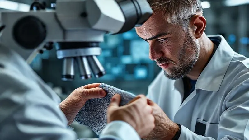 Photorealistic, professional photography, 8K, cinematic lighting, sharp focus, depth of field, shot on a high-end DSLR. A textile engineer meticulously examining a swatch of recycled fabric under a microscope, with data visualizations projected faintly in the background, symbolizing quality control and scientific rigor.