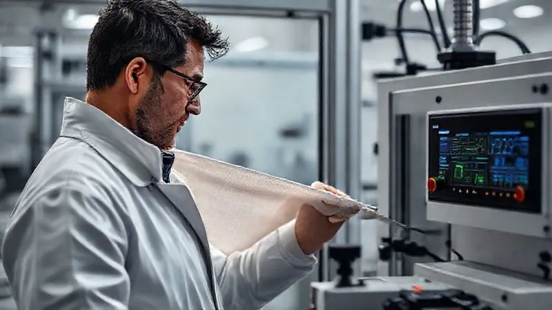 Photorealistic, professional photography, 8K, cinematic lighting, sharp focus, depth of field, shot on a high-end DSLR. A textile scientist in a modern lab coat, focused on a fabric sample undergoing a stretch and recovery test on specialized machinery, with digital readouts displaying data, emphasizing precision and scientific validation.