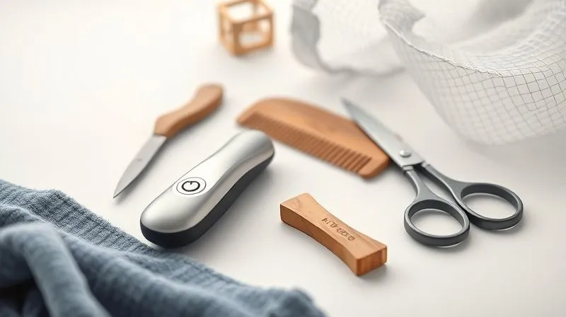 A photorealistic, brightly lit studio shot of various fabric care tools neatly arranged on a clean, light-colored surface. A modern, ergonomic fabric shaver is prominent, alongside a wooden sweater comb, a small pair of sharp scissors, and a mesh laundry bag. Professional photography, 8K, cinematic lighting, sharp focus on the tools, depth of field blurring the background, shot on a high-end DSLR, conveying a sense of practical solutions.