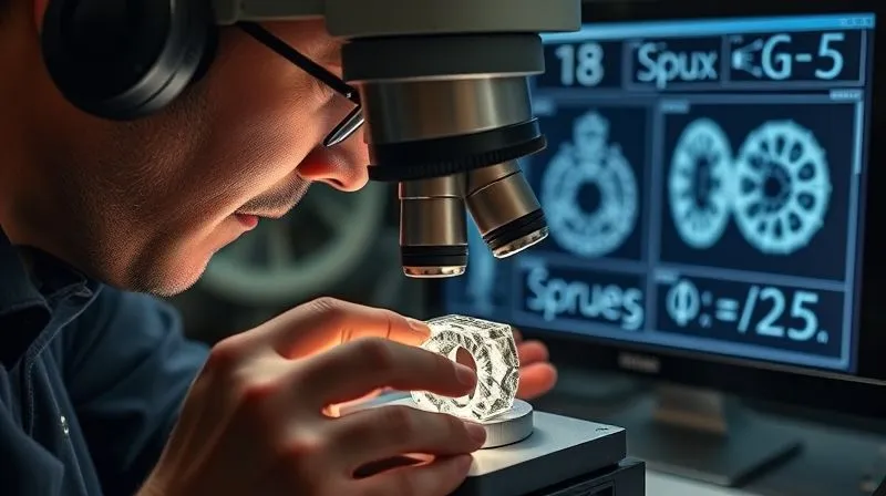 photorealistic, professional photography, 8K, cinematic lighting, sharp focus, depth of field, shot on a high-end DSLR. A jeweler uses a high-powered microscope to inspect a platinum casting for micro-porosity, with detailed schematics of sprue designs visible on a screen in the background. The image conveys precision, problem-solving, and advanced technical inspection.