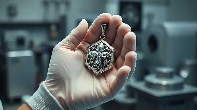 photorealistic, professional photography, 8K, cinematic lighting, sharp focus, depth of field, shot on a high-end DSLR. A jeweler's hands, wearing clean gloves, gently holding a perfectly cast, intricate platinum pendant, reflecting light. The background is a softly blurred, high-tech casting laboratory, conveying expertise and advanced equipment.