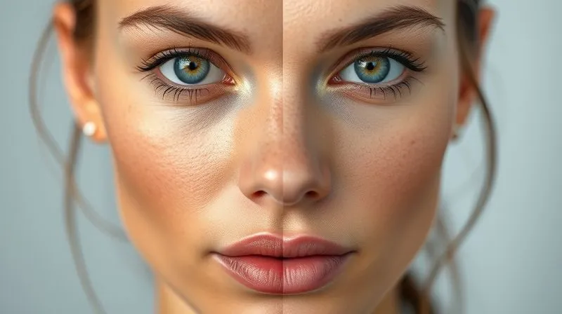 Photorealistic, professional photography, 8K, cinematic lighting, sharp focus, depth of field, shot on a high-end DSLR: A split image or a visual metaphor. One side shows a subtle, almost imperceptible shift in foundation color on skin (oxidization), with a slightly warmer, darker tint, contrasting with the other side showing a perfectly matched, fresh complexion. The contrast is clear but not exaggerated, symbolizing the problem and its solution for makeup longevity.