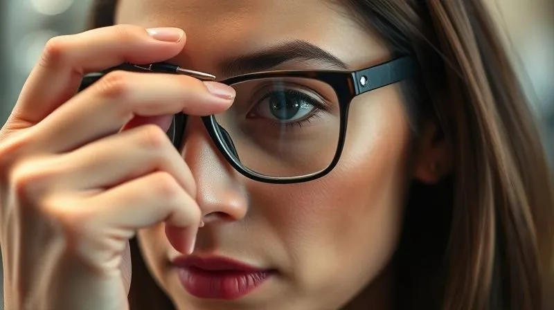 A close-up, photorealistic image of an optician's hands making a precise adjustment to the nose pads of a pair of elegant progressive eyeglasses worn by a professional-looking individual, ensuring a perfect fit. The optician's tools are visible, and the focus is sharp on the hands and glasses, with a soft blur in the background. Professional photography, 8K, cinematic lighting, depth of field.
