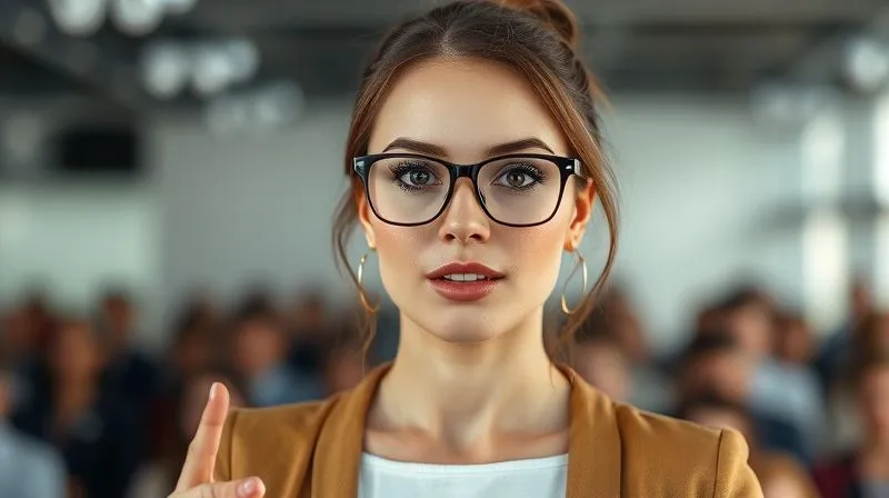 A photorealistic, professional photography, 8K image of a confident woman public speaker on a modern stage, wearing stylish progressive lenses. She is making direct eye contact with the audience, her posture is open and engaging. The background is slightly blurred, focusing on her clear, expressive eyes. Cinematic lighting, sharp focus, depth of field. The mood is empowering and successful.