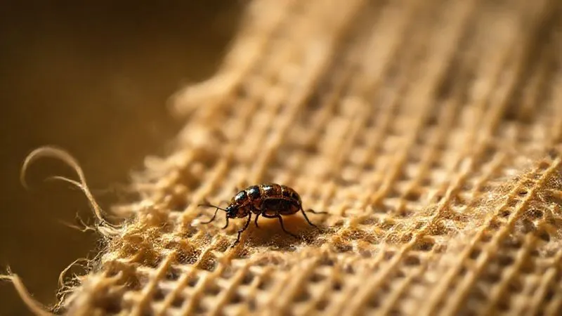 A close-up, photorealistic, professional photography shot of a tiny, almost invisible carpet beetle larva meticulously captured on a sticky insect trap placed near a delicate, historical silk fabric, under soft, analytical lighting. Sharp focus on the pest, depth of field blurring the background of the textile. 8K, cinematic lighting, shot on a high-end DSLR.