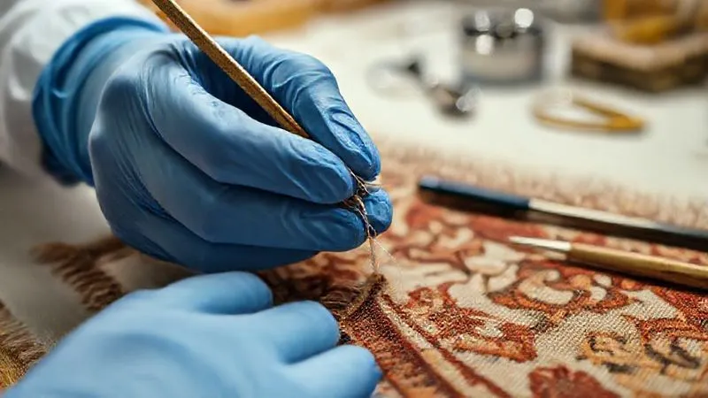 A photorealistic, professional photography shot of a textile conservator's gloved hands gently mending a tiny tear in an intricate, faded historical tapestry with fine, specialized tools and threads. The workbench is clean and well-lit, with other conservation instruments in the background. Sharp focus on the delicate mending process, depth of field blurring the background. 8K, cinematic lighting, shot on a high-end DSLR.