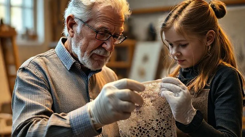 A photorealistic, professional photography shot of an older, experienced textile conservator, with a wise and patient expression, guiding a younger apprentice's gloved hands as they carefully examine a section of a historical lace garment. The light is warm and educational, creating an intimate learning environment in a studio setting. Sharp focus on the hands and textile, depth of field subtly blurring the background. 8K, cinematic lighting, shot on a high-end DSLR.