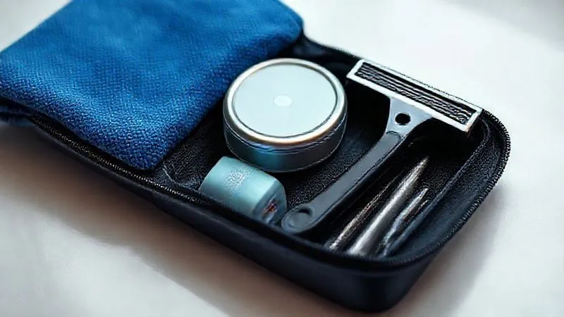 A photorealistic image of a small, neat travel grooming kit containing a soothing balm, a high-quality razor, and a small towel, laid out on a clean surface, ready for use. Professional photography, 8K, cinematic lighting, sharp focus, depth of field, shot on a high-end DSLR.