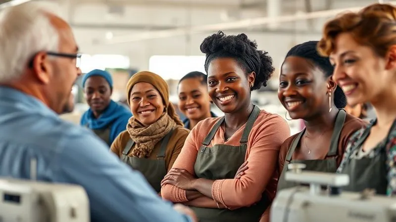 A photorealistic, professional photography, 8K, cinematic lighting, sharp focus, depth of field, shot on a high-end DSLR. A diverse group of textile workers, smiling and engaged, participating in a confidential interview with an auditor (partially visible), in a bright, respectful factory setting. The atmosphere is open and trusting, with natural light streaming in, highlighting the human element of ethical production.