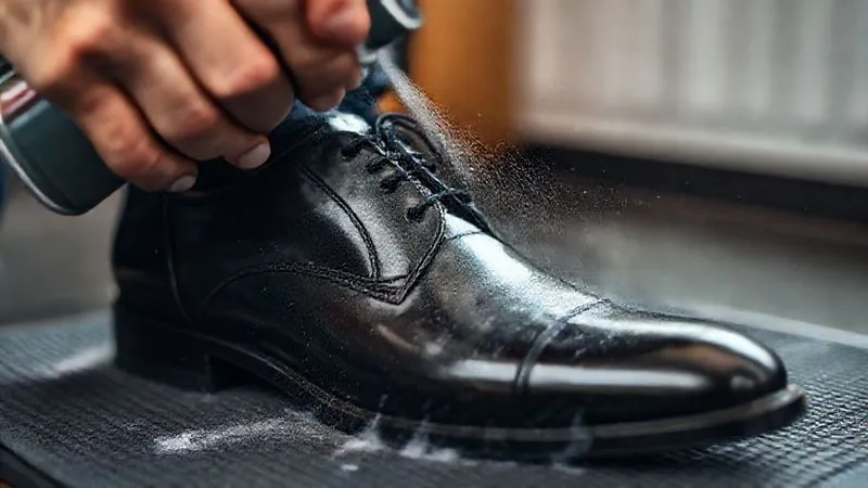 A close-up, photorealistic shot of a pair of dark leather formal shoes being meticulously treated with a waterproofing spray, a fine mist visible around the shoe, in a well-lit, professional setting. The shoes are on a protective mat. Professional photography, 8K, cinematic lighting, sharp focus, depth of field.