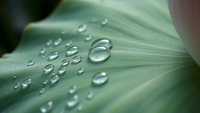A photorealistic close-up of a lotus leaf surface showing water beads perfectly repelled, with microscopic detail visible, 8K, cinematic lighting, sharp focus, depth of field.